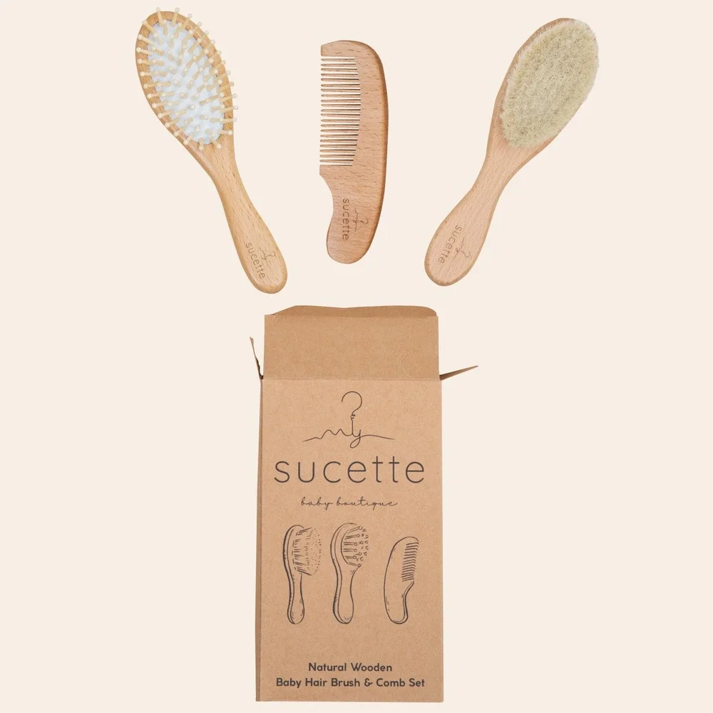 My Sucette Natural Wooden Baby Hair Brush and Comb Set 3pc - Goat hair - NEW